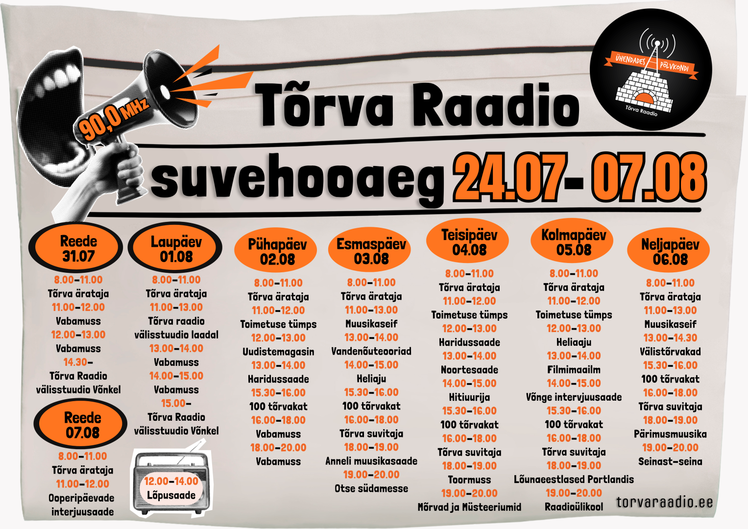Tõrva Raadio suvehooaja kava 2026, kus on kujutatud erinevad saated ning nende ilmumise kuupäevad.