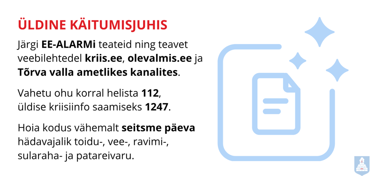 Üldine käitumisjuhis, kus soovitatakse EE-Alarmi jälgimist, kriis.ee veebilehe ja valla kodulehtede jälgimist ning vahetu ohu korral peab helistama 112. Üldine kriisiinfo on saadaval telefonil 1247.