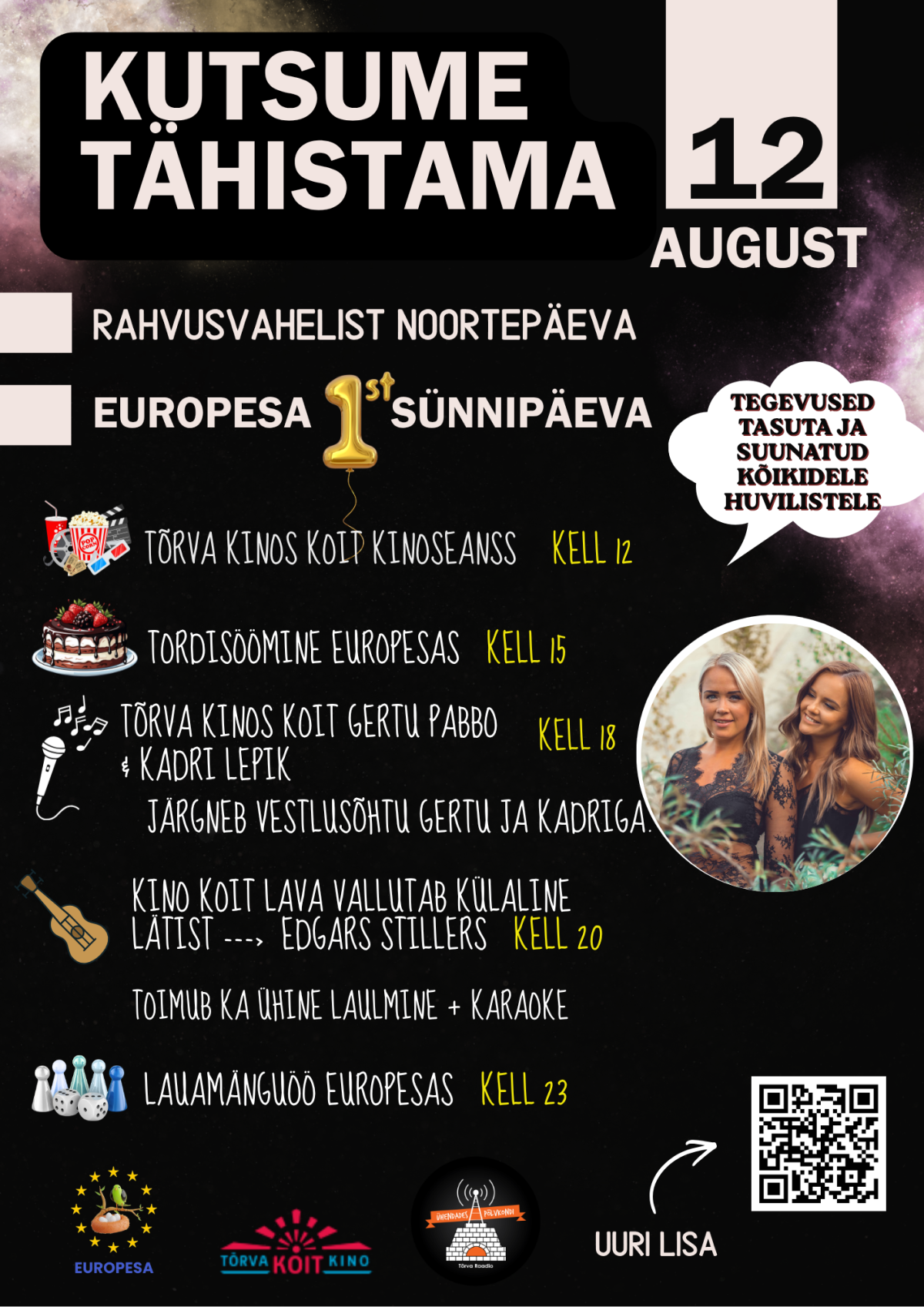 Pildil on kujutatud Rahvusvahelise noortepäeva ürituse plakatit, millel on kirjas erinevad päeva jooksul toimuvad üritused. Nende hulka kuuluvad kinoseanss, Europesa sünnipäevatort, Külalisesineja Lätist - Edgars Stillers, ühine laulmine ja karaoke ning lauamänguöö. 