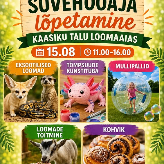 Pildil on kujutatud plakat, millel on erinevad eksootilised loomad ning üritusega kaasnev info. 