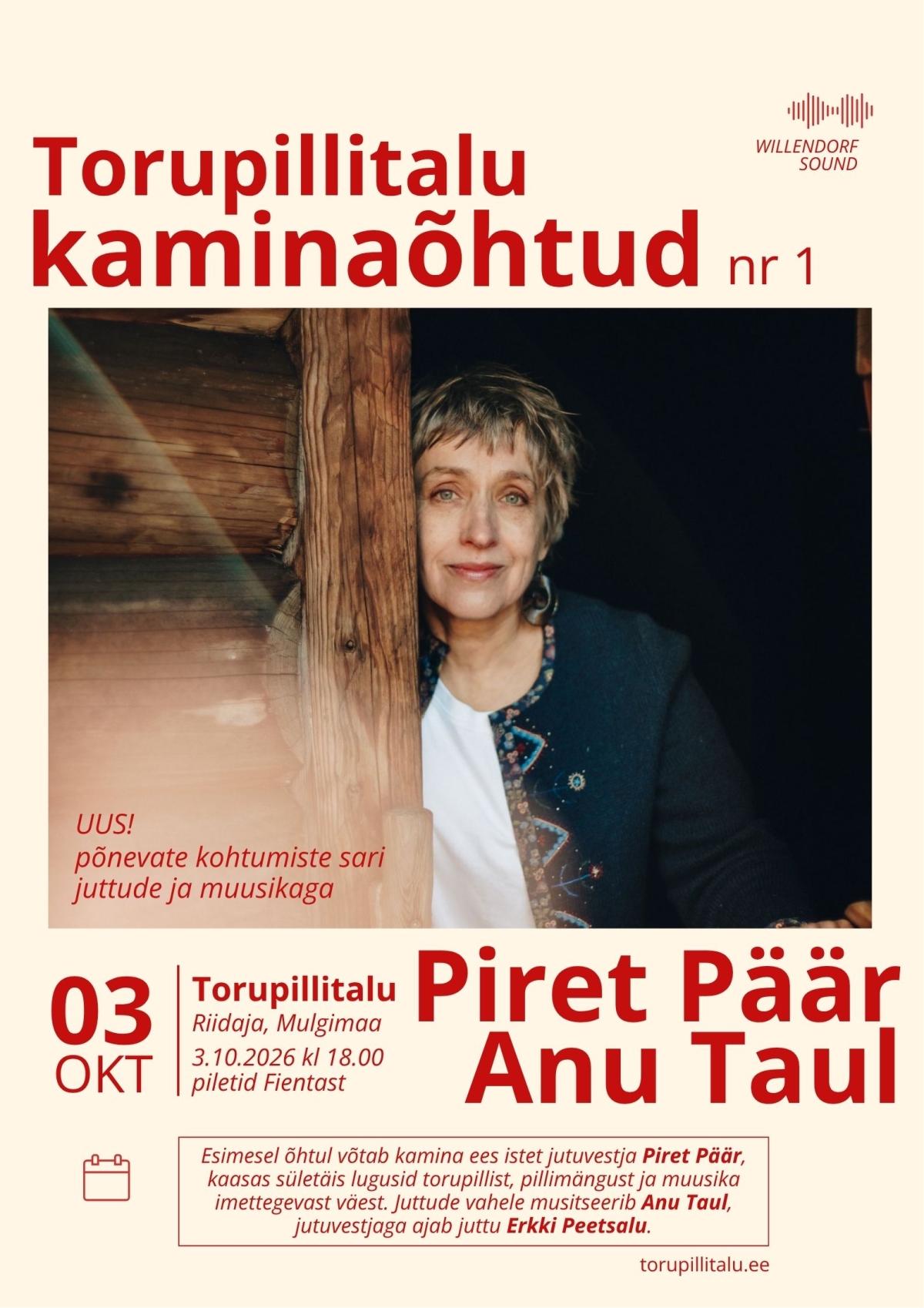 Pildil on kujutatud Torupillitalu kaminaõhtu plakatit, millel on Piret Pääri pilt