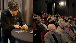Pildil autogramme jagav Magnus ning kinokülastajad
