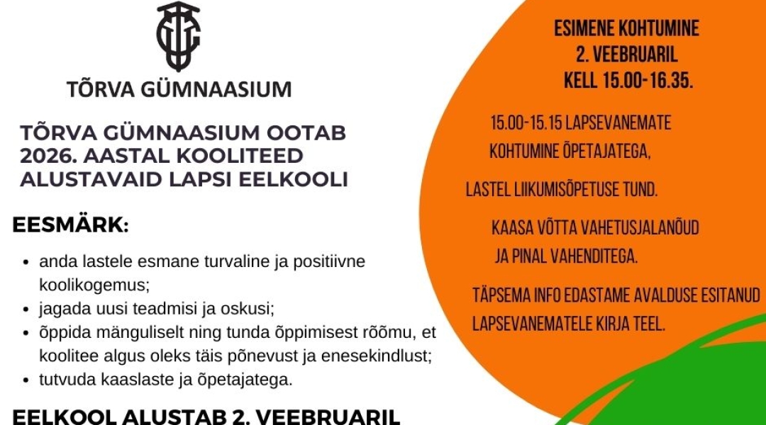 Tõrva Gümnaasium ootab 2026. aastal kooliteed alustavaid lapsi eelkooli ...