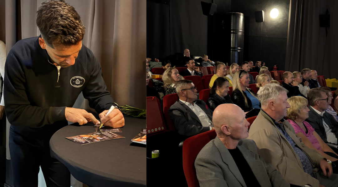 Pildil autogramme jagav Magnus ning kinokülastajad